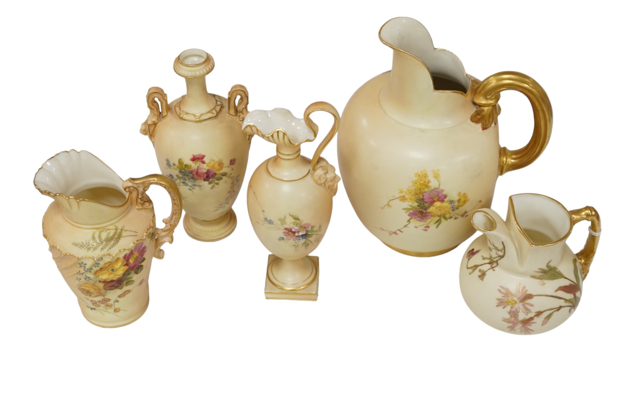 Five Worcester blush ivory pots, shapes 1094, 1438, 1399, 1144 and 1652, tallest 18cm. Condition - good